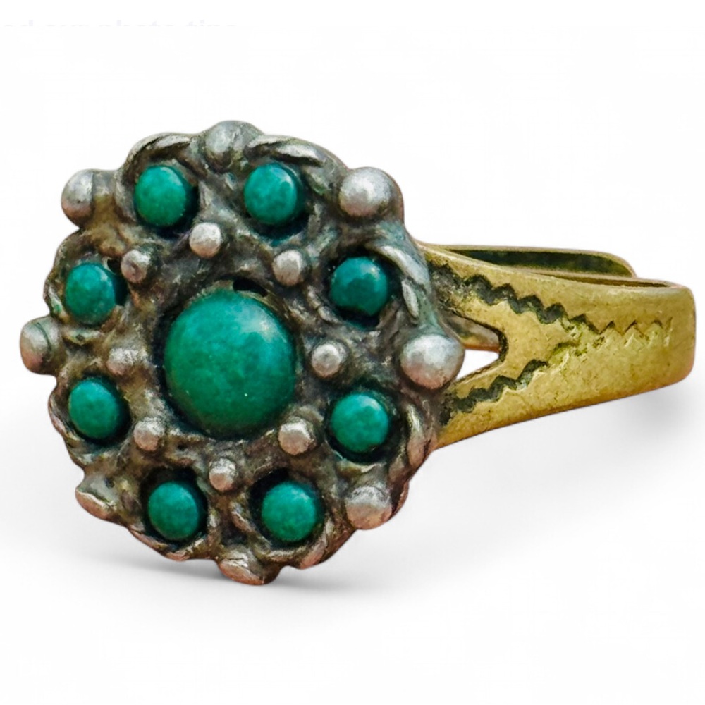 Vtg 70s Brass and Malachite On Silver Signed Native American Adjustable Ring